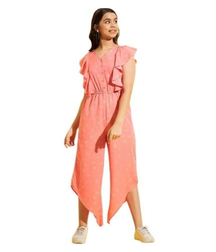 Girl's Polyester Floral Sleeveless Jumpsuit (Pink)