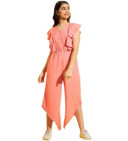 Girl's Polyester Floral Sleeveless Jumpsuit (Pink)