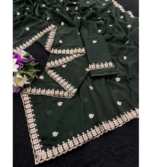 Women's Georgette Embroidered Saree With Unstitched Blouse 5.5Mtr (Green)