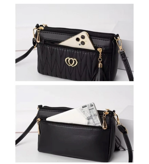 Women's PU Leather Zipper Sling Bag (Black)