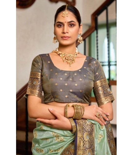 Women's Silk Blend Booti Work Ready to wear Saree With Unstitched Blouse 5.5Mtr (SeaGreen)