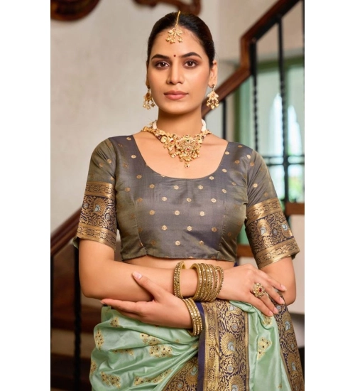 Women's Silk Blend Booti Work Ready to wear Saree With Unstitched Blouse 5.5Mtr (SeaGreen)