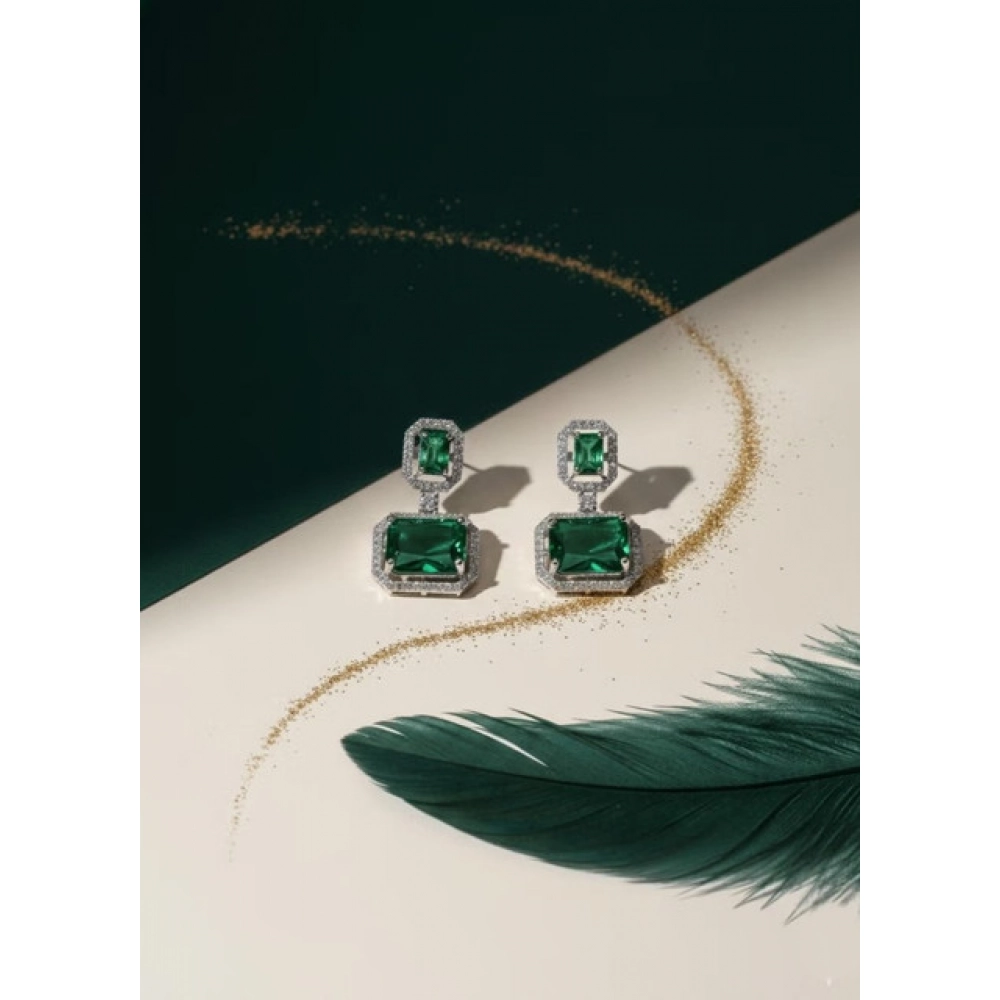 Women's Brass Silver Plated Drop Earrings (Green)