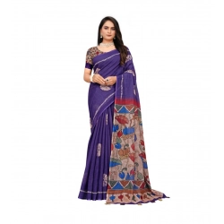 Women's Linen Printed Saree With Unstitched Blouse 5.5Mtr (Purple)
