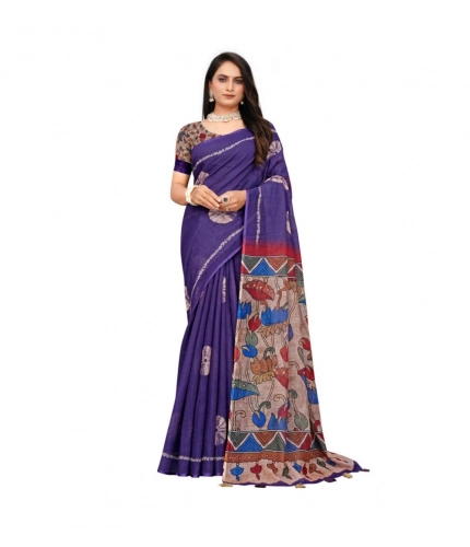 Women's Linen Printed Saree With Unstitched Blouse 5.5Mtr (Purple)