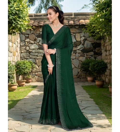 Women's Rangoli Diamond Weaving - Stone Work Saree With Unstitched Blouse 5.5Mtr (Green)