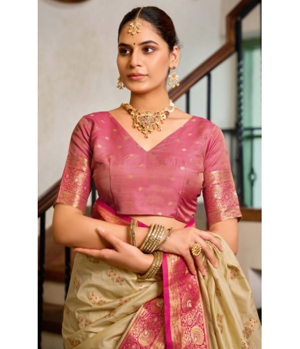 Women's Silk Blend Booti Work Ready to wear Saree With Unstitched Blouse 5.5Mtr (LightBeige)