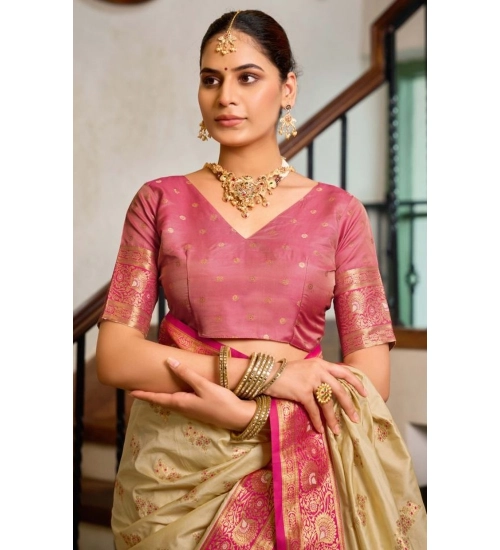 Women's Silk Blend Booti Work Ready to wear Saree With Unstitched Blouse 5.5Mtr (LightBeige)