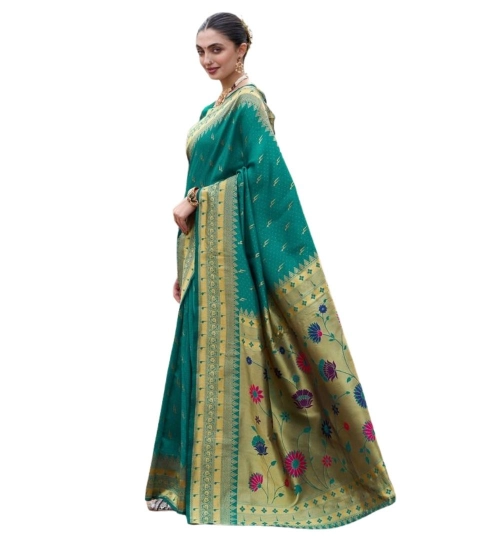 Women's Silk Blend Zari Woven Saree With Unstitched Blouse 5.5Mtr (Teal)