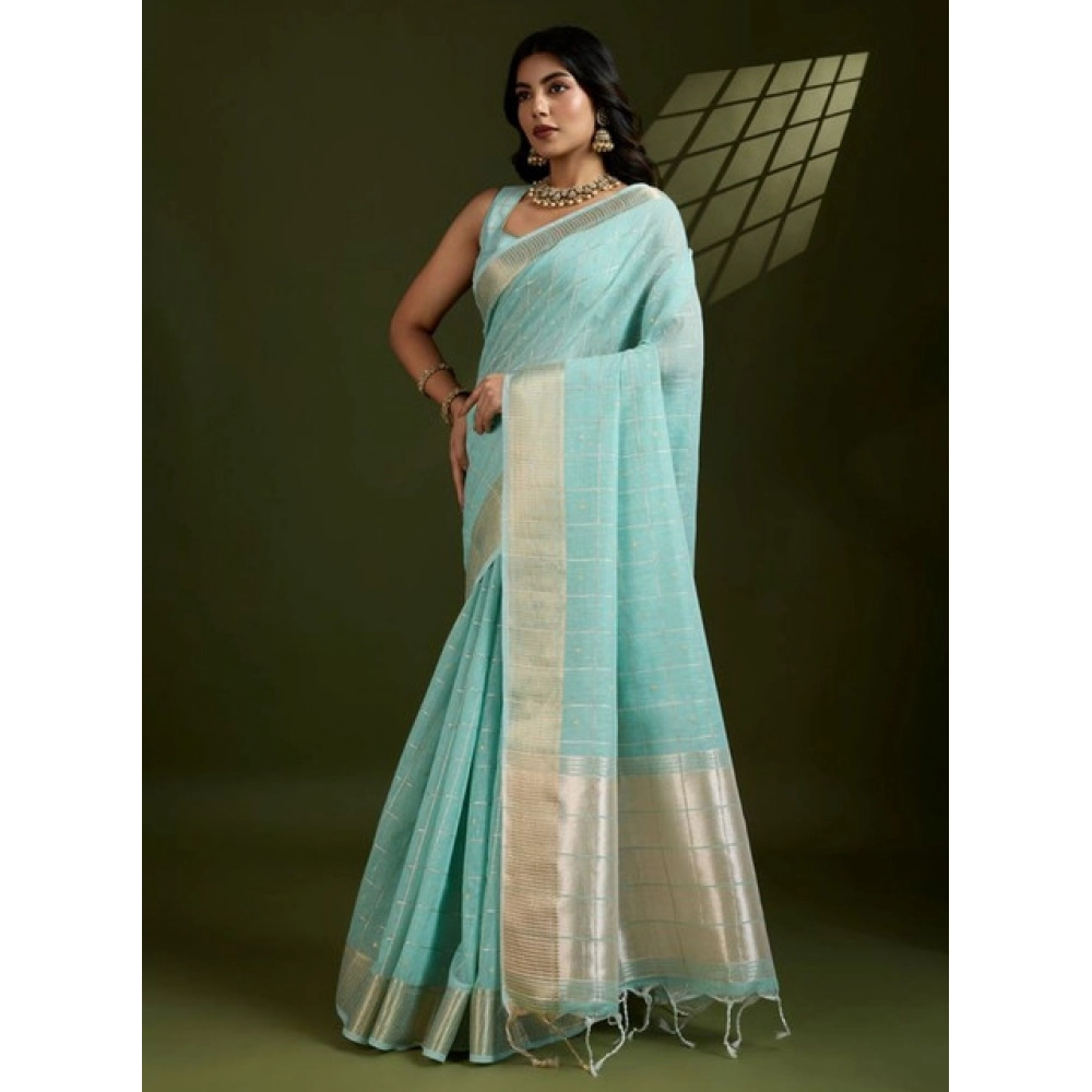Women's Tissue Checks_With_Buttis Saree With Unstitched Blouse 5.5Mtr (Aqua_Blue) Women's Tissue Checks_With_Buttis Saree With Unstitched Blouse 5.5Mtr (Aqua_Blue)
