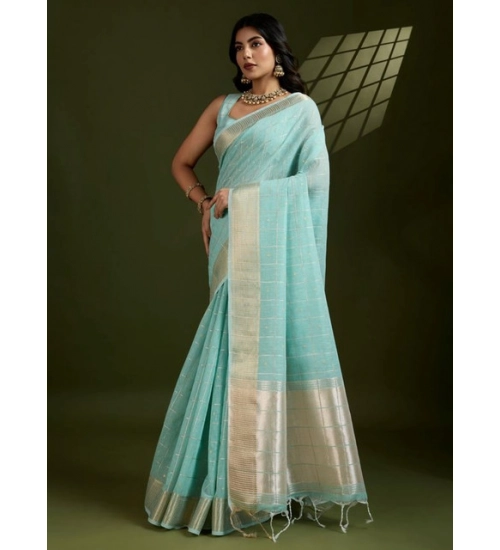 Women's Tissue Checks_With_Buttis Saree With Unstitched Blouse 5.5Mtr (Aqua_Blue)