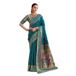 Women's Silk Blend Paithani Weaving Saree With Unstitched Blouse 5.5Mtr (Teal)