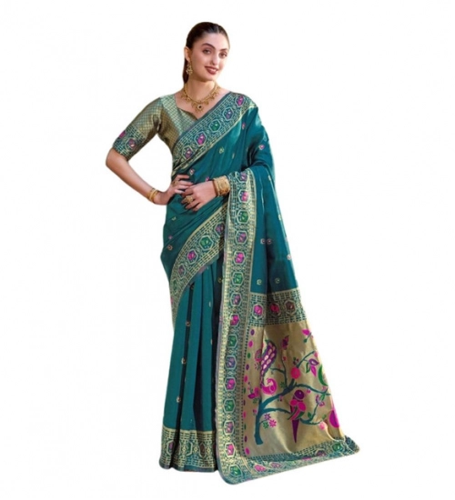 Women's Silk Blend Paithani Weaving Saree With Unstitched Blouse 5.5Mtr (Teal)