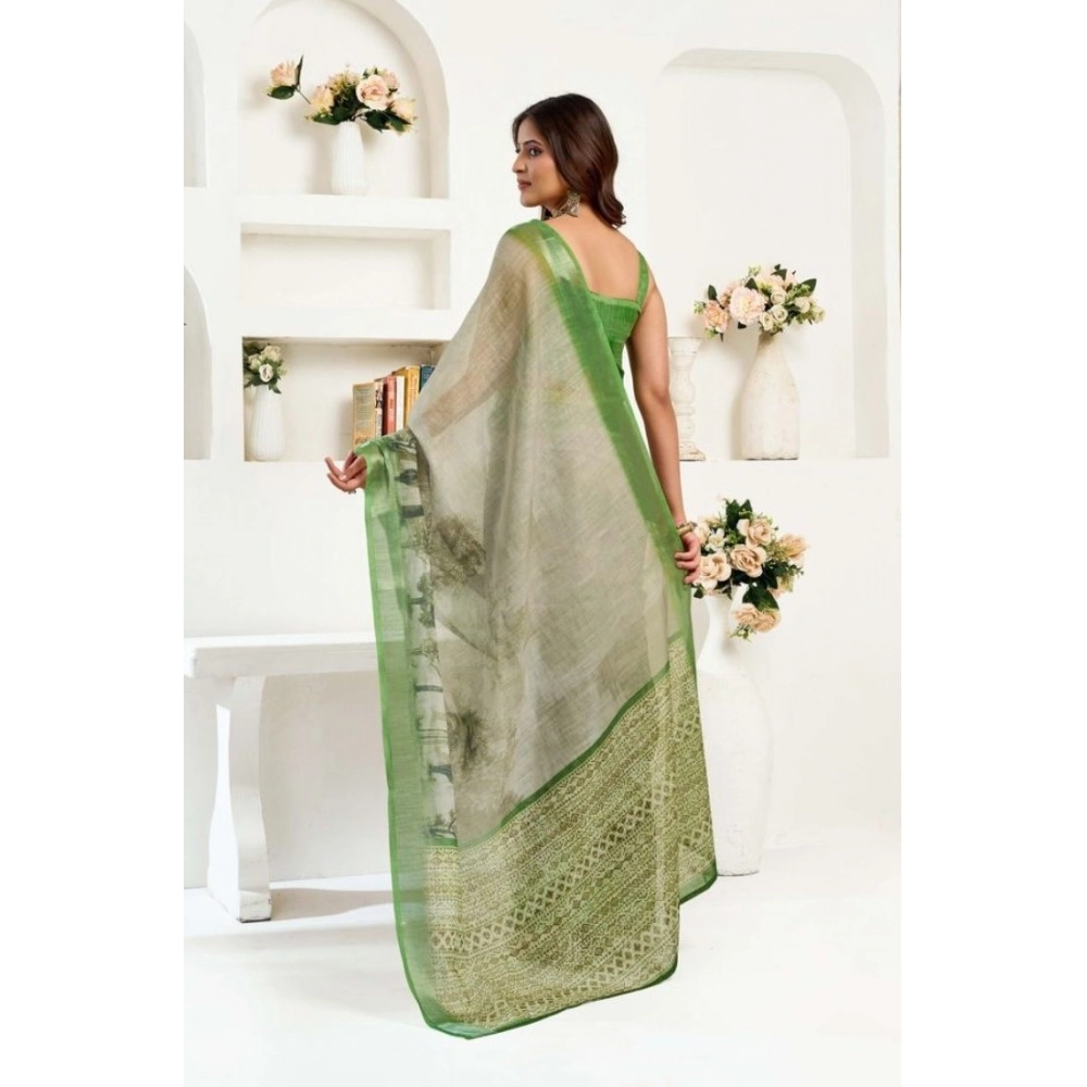 Women's Faux Linen Printed Ready to wear Saree With Unstitched Blouse 5.5Mtr (Light_Green) Women's Faux Linen Printed Ready to wear Saree With Unstitched Blouse 5.5Mtr (Light_Green)