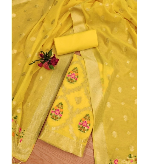 Women's Banarasi Silk Printed Unstitched Salwar Suit Material With Dupatta (Yellow, 3Mtrs)