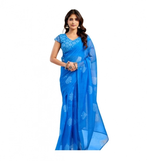 Women's Linen Cotton Printed Ready To Wear Saree With Unstitched Blouse 5.5 Mtr (Royal_Blue)