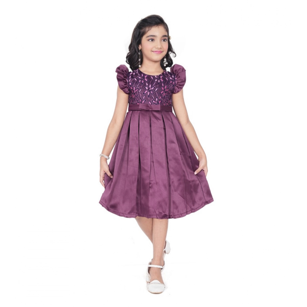 Girl's Satin Printed Sleeve Less Round Neck Dress (Purple)