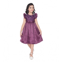 Girl's Satin Printed Sleeve Less Round Neck Dress (Purple)