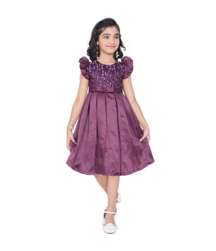 Girl's Satin Printed Sleeve Less Round Neck Dress (Purple)