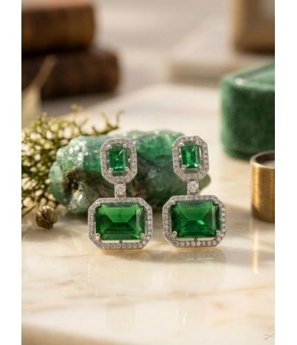 Women's Brass Silver Plated Drop Earrings (Green)