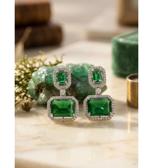 Women's Brass Silver Plated Drop Earrings (Green)