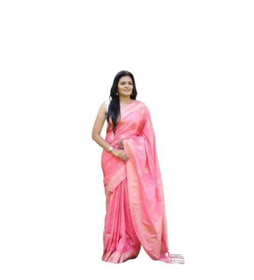 Women's Soft Lichi Silk Printed Saree With Unstitched Blouse 5.5Mtr (Pink)