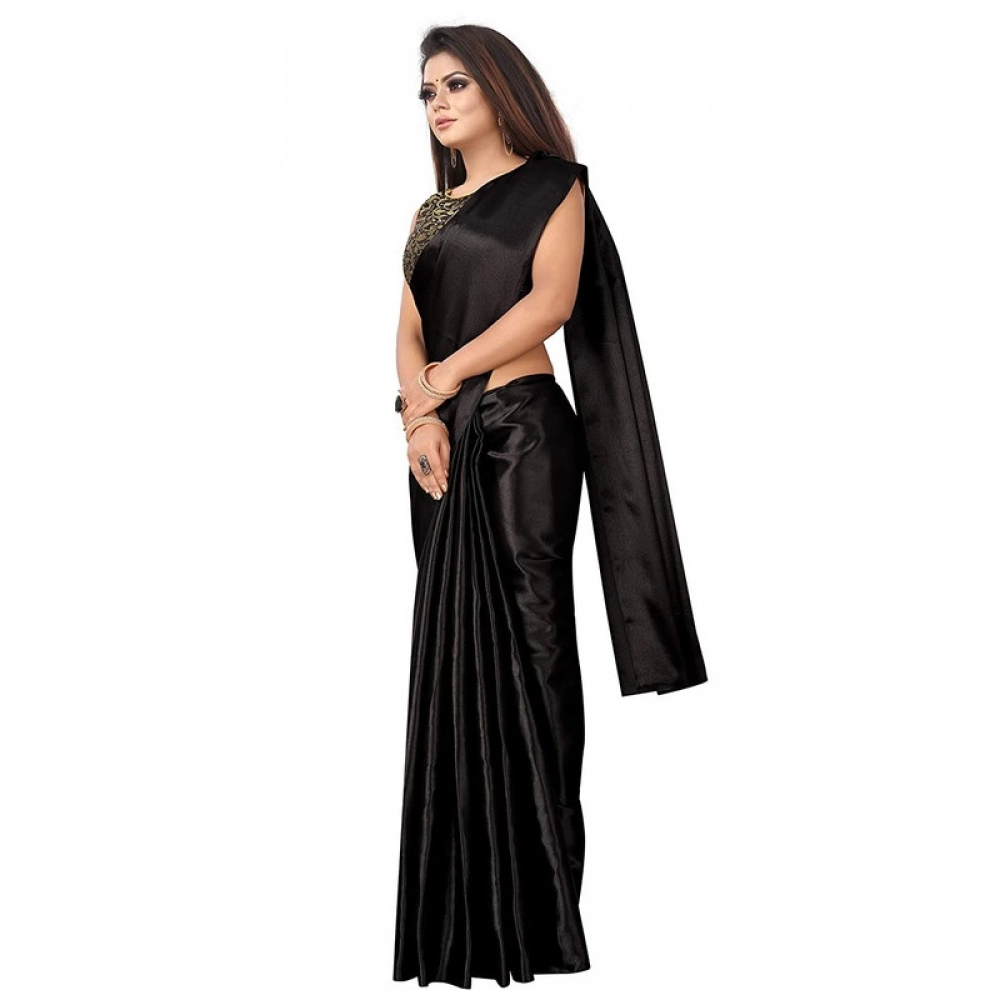 Women's Satin Printed Saree With Unstitched Blouse 5.5Mtr (Black)