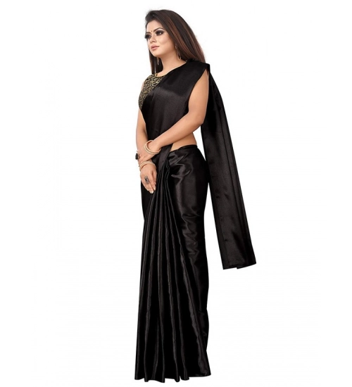 Women's Satin Printed Saree With Unstitched Blouse 5.5Mtr (Black)
