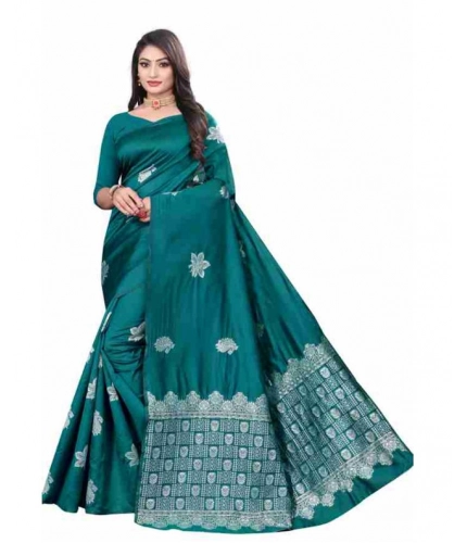 Women's Soft Lichi Silk Printed Saree With Unstitched Blouse 5.5Mtr (Rama)