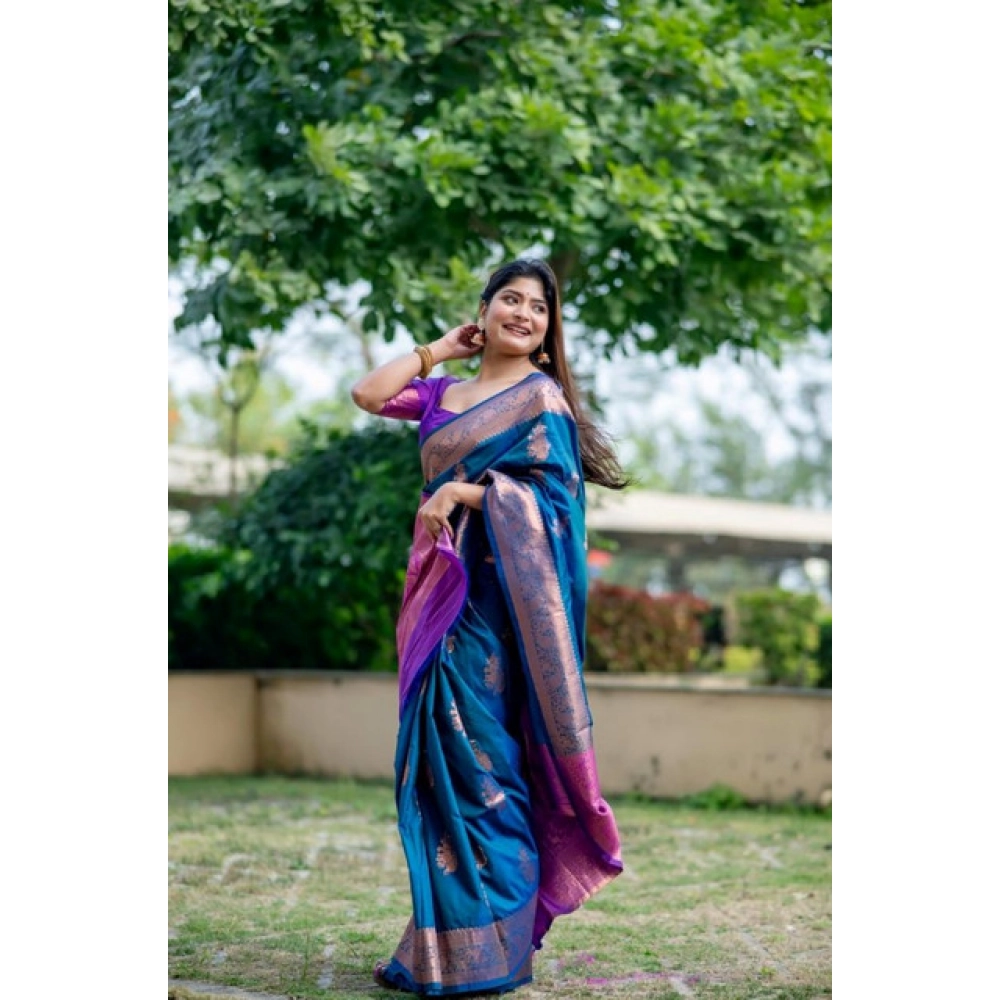 Women's Katan_Silk Zari_Weaving Saree With Unstitched Blouse 5.5Mtr (Blue)