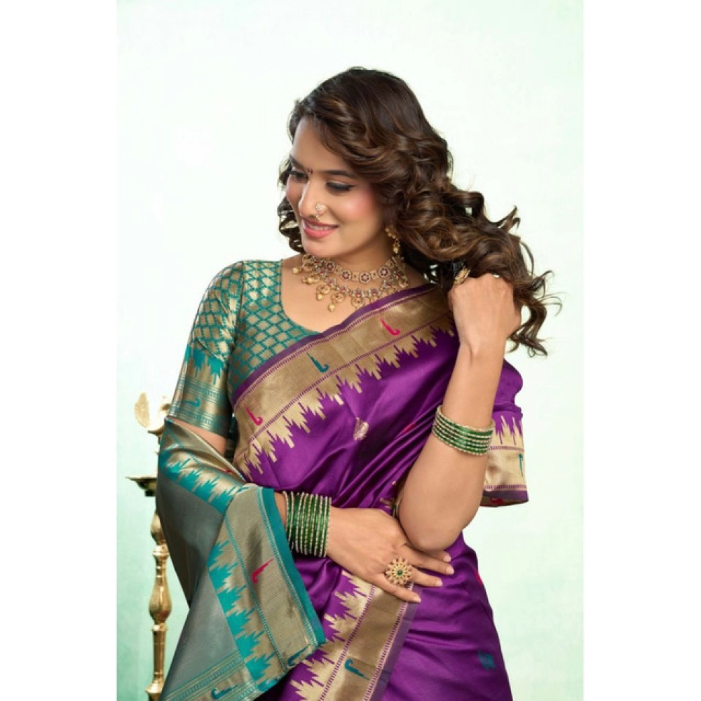 Women's Silk Blend Woven Saree With Unstitched Blouse 5.5 Mtr (Purple)