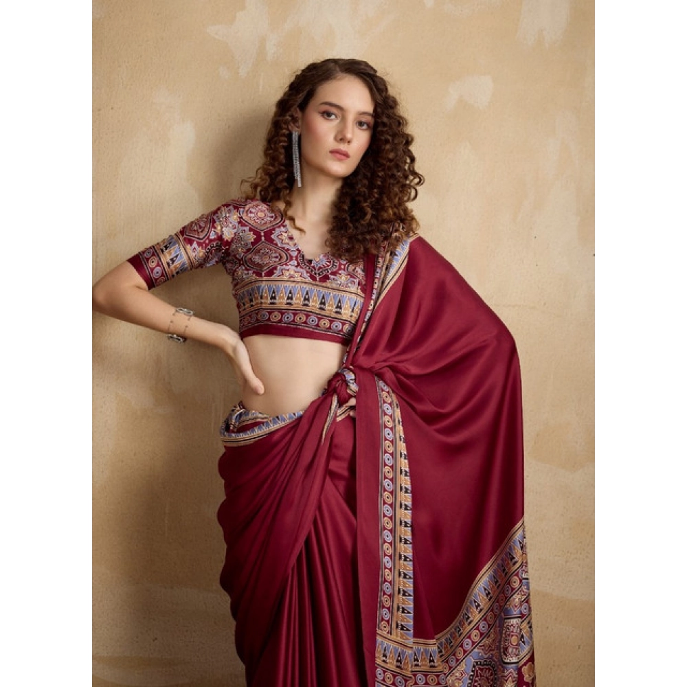 Women's Satin Crepe Printed Saree With Unstitched Blouse 5.5Mtr (Maroon)
