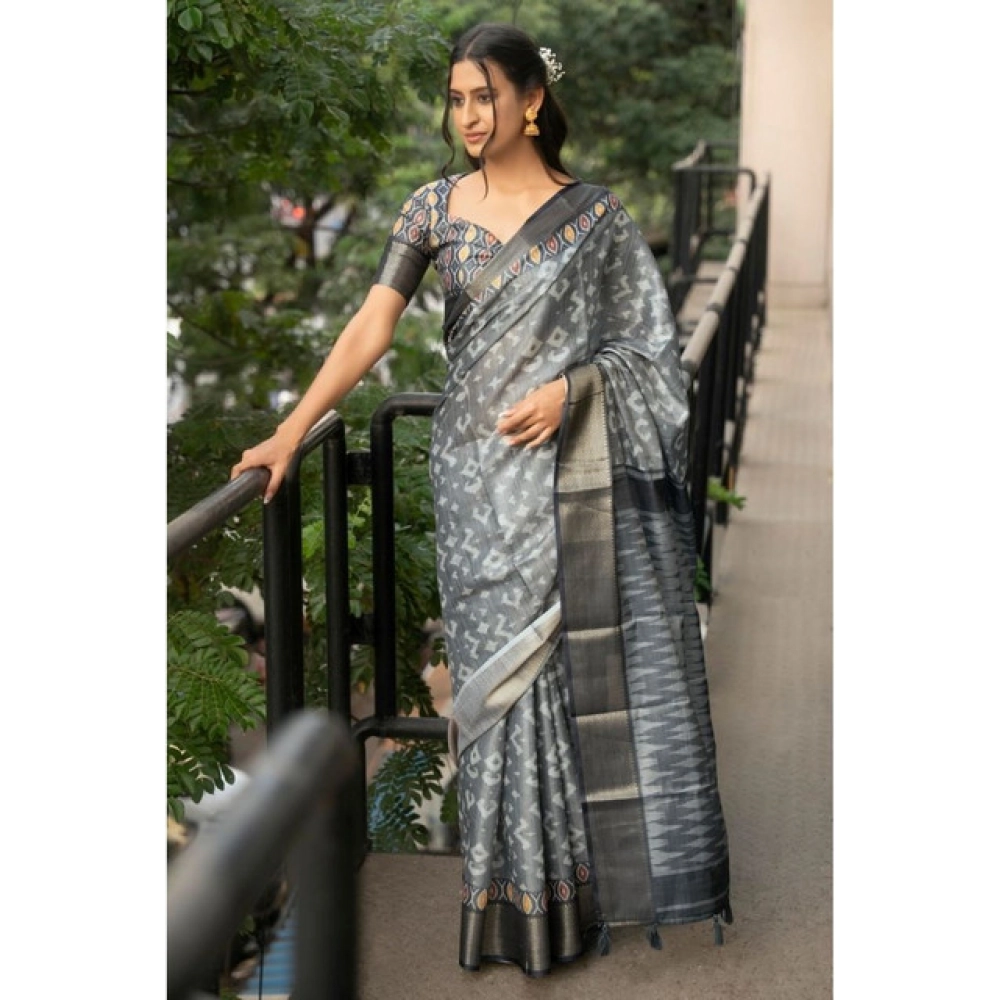 Women's Polyester Printed Saree With Unstitched Blouse 5.5 Mtr (Grey)