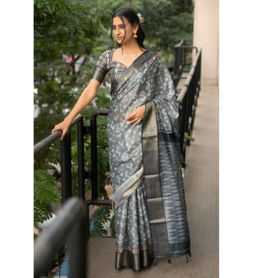 Women's Polyester Printed Saree With Unstitched Blouse 5.5 Mtr (Grey)