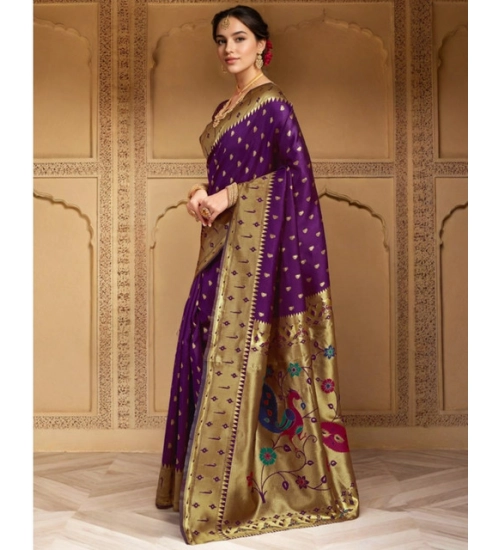 Women's Silk Blend Zari Weaving Saree With Unstitched Blouse 5.5Mtr (Purple)