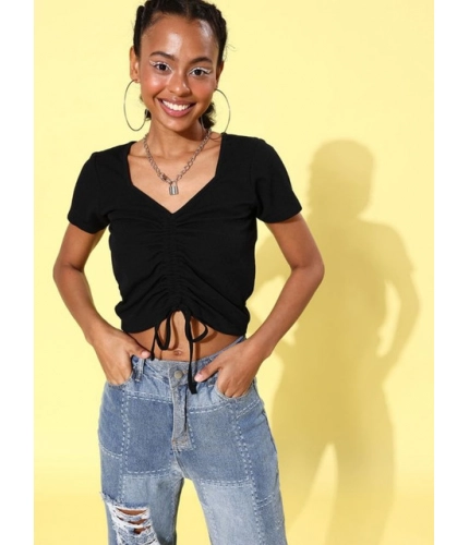 Women's Polyester Lycra Solid Short Sleeve Top (Black)