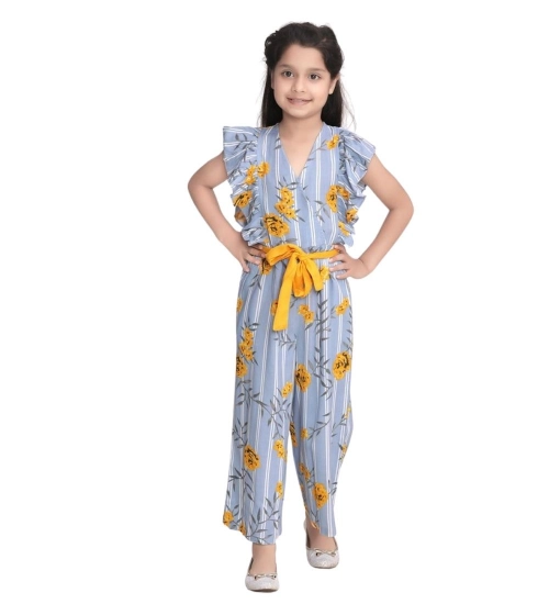 Girl's Rayon Floral Flutter Jumpsuit (Blue-Yellow) Girl's Rayon Floral Flutter Jumpsuit (Blue-Yellow)