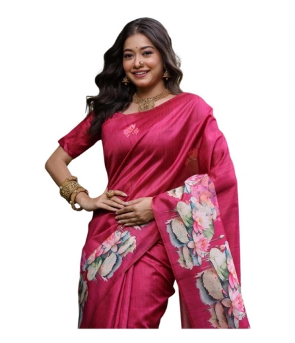 Women's Faux_Tussar Floral Saree With Unstitched Blouse 5.5Mtr (Pink) Women's Faux_Tussar Floral Saree With Unstitched Blouse 5.5Mtr (Pink)