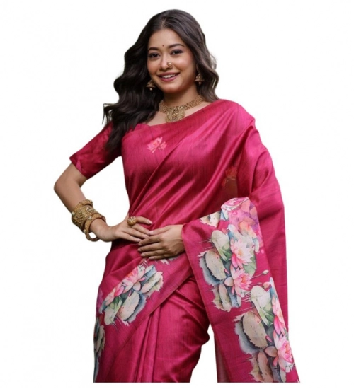 Women's Faux_Tussar Floral Saree With Unstitched Blouse 5.5Mtr (Pink)