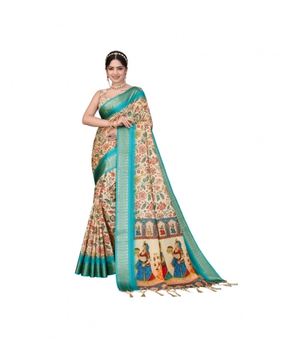 Women's Cotton Silk  Printed Saree With Unstitched Blouse 5.5Mtr (Sky Blue)
