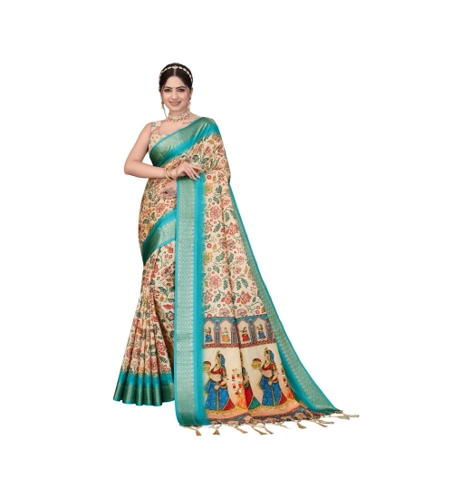 Women's Cotton Silk  Printed Saree With Unstitched Blouse 5.5Mtr (Sky Blue)