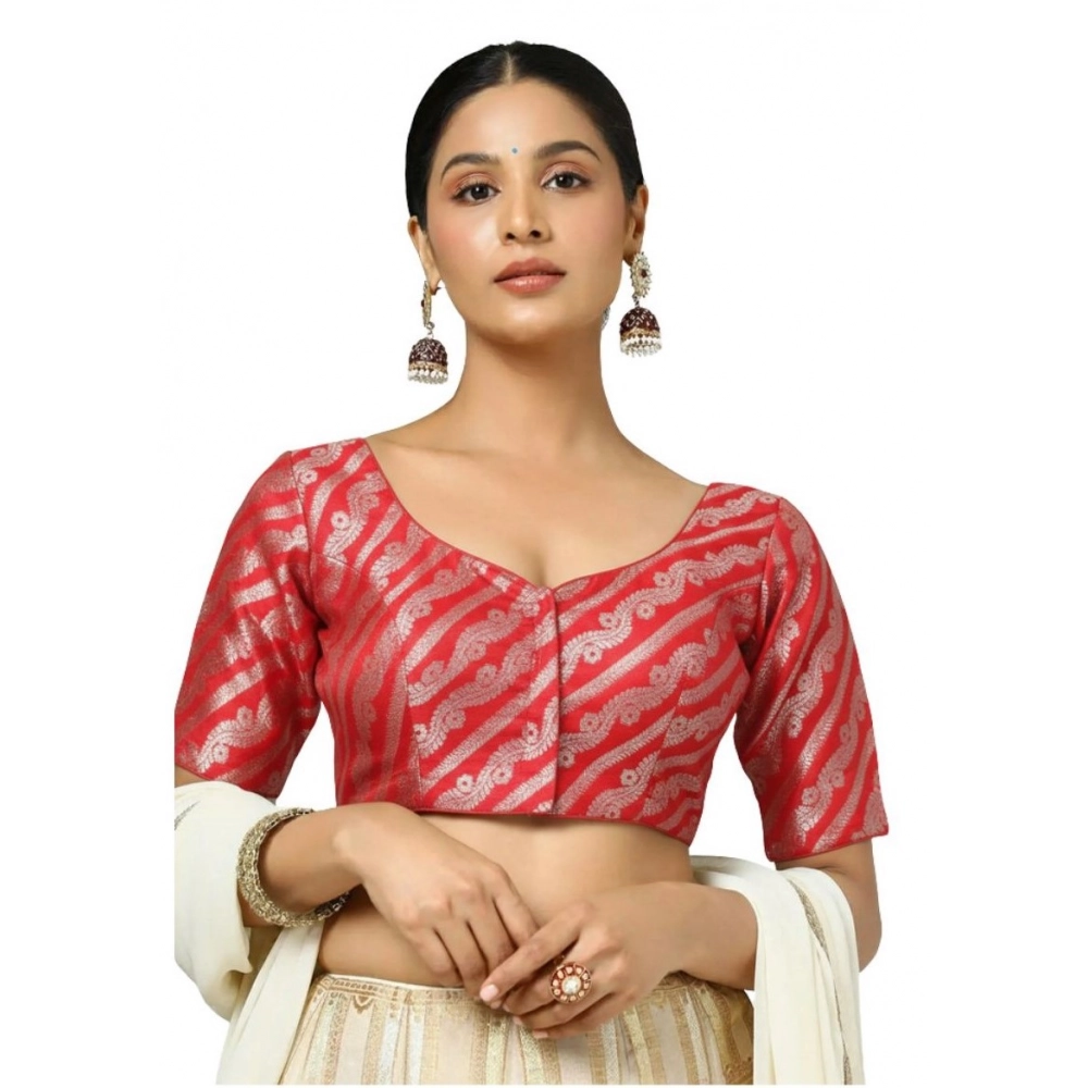Women's Jacquard Zari Round Neck Padded Blouse (Red 38 Ready (Self Alterable 36–40)