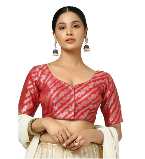 Women's Jacquard Zari Round Neck Padded Blouse (Red 38 Ready (Self Alterable 36–40)