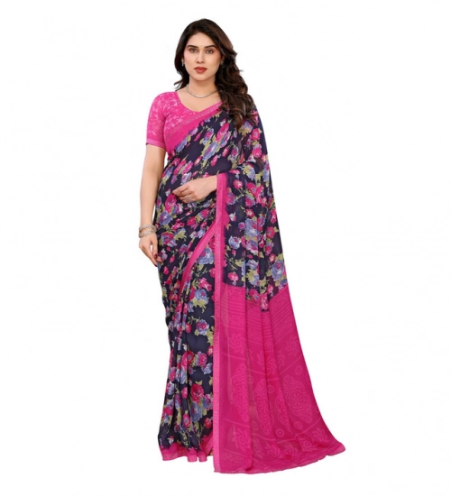 Women's Georgette Printed Saree With Unstitched Blouse 5.5Mtr (Blue)