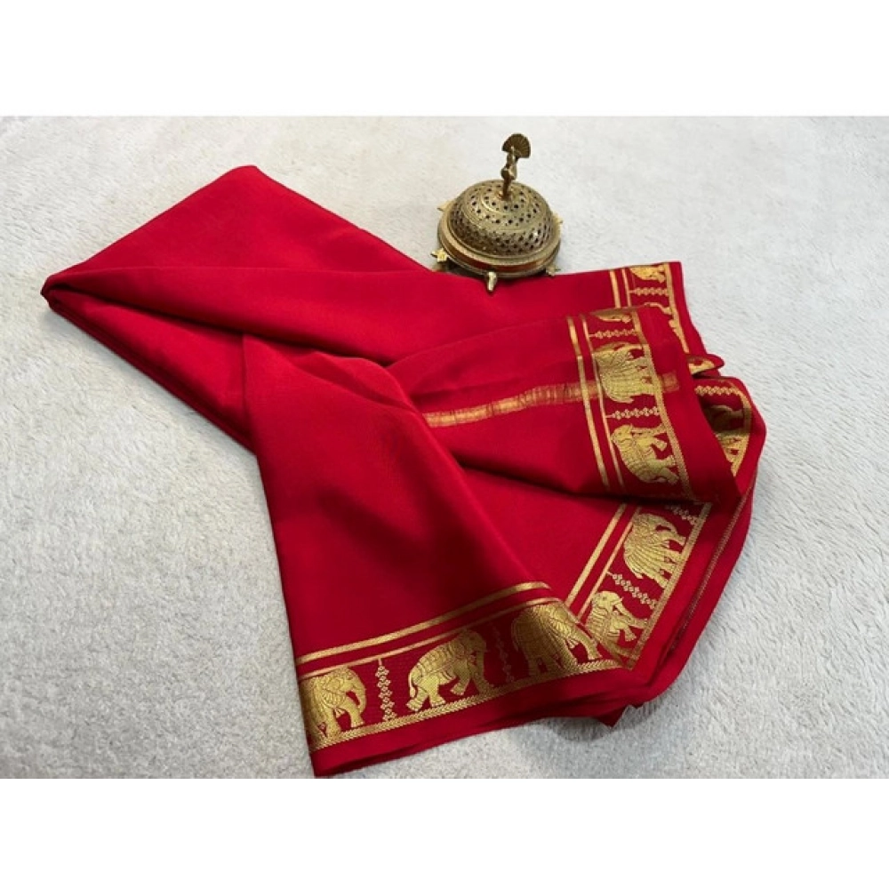 Women's Crepe Chit Pallu Solid Saree With Unstitched Blouse 5.5Mtr (Red)