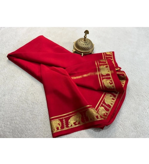 Women's Crepe Chit Pallu Solid Saree With Unstitched Blouse 5.5Mtr (Red)