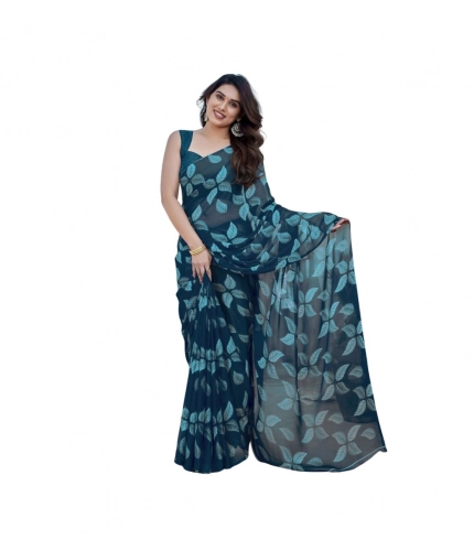 Women's Chiffon Printed Saree With Unstitched Blouse 5.5Mtr (Blue)