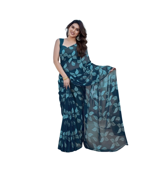 Women's Chiffon Printed Saree With Unstitched Blouse 5.5Mtr (Blue)
