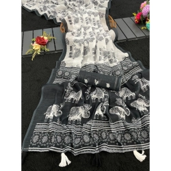 Women's Linen Cotton Printed Saree With Unstitched Blouse 5.5Mtr (Black)