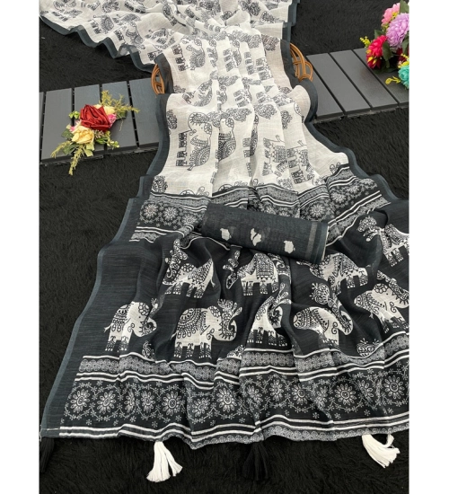 Women's Linen Cotton Printed Saree With Unstitched Blouse 5.5Mtr (Black)